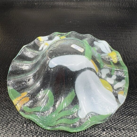 Sydenstricker Fused Art Glass Bowl Ruffled Edges Flower Pattern Original Sticker - Picture 5 of 14